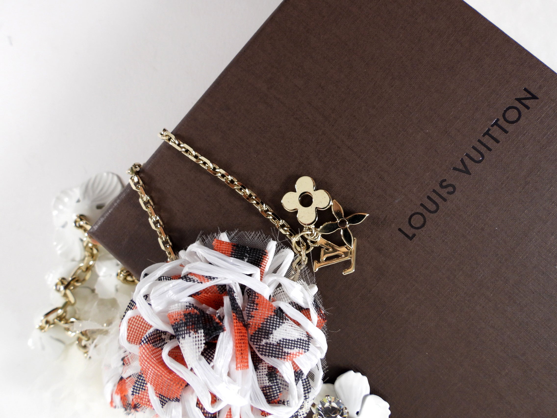 Louis Vuitton Vintage Fall 2005 Red and White Chain Crystal Flower Ribbon Necklace