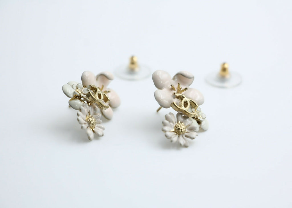 Chanel 10P Enamel Pink Camellia & Chrysanthemum Stud Earrings