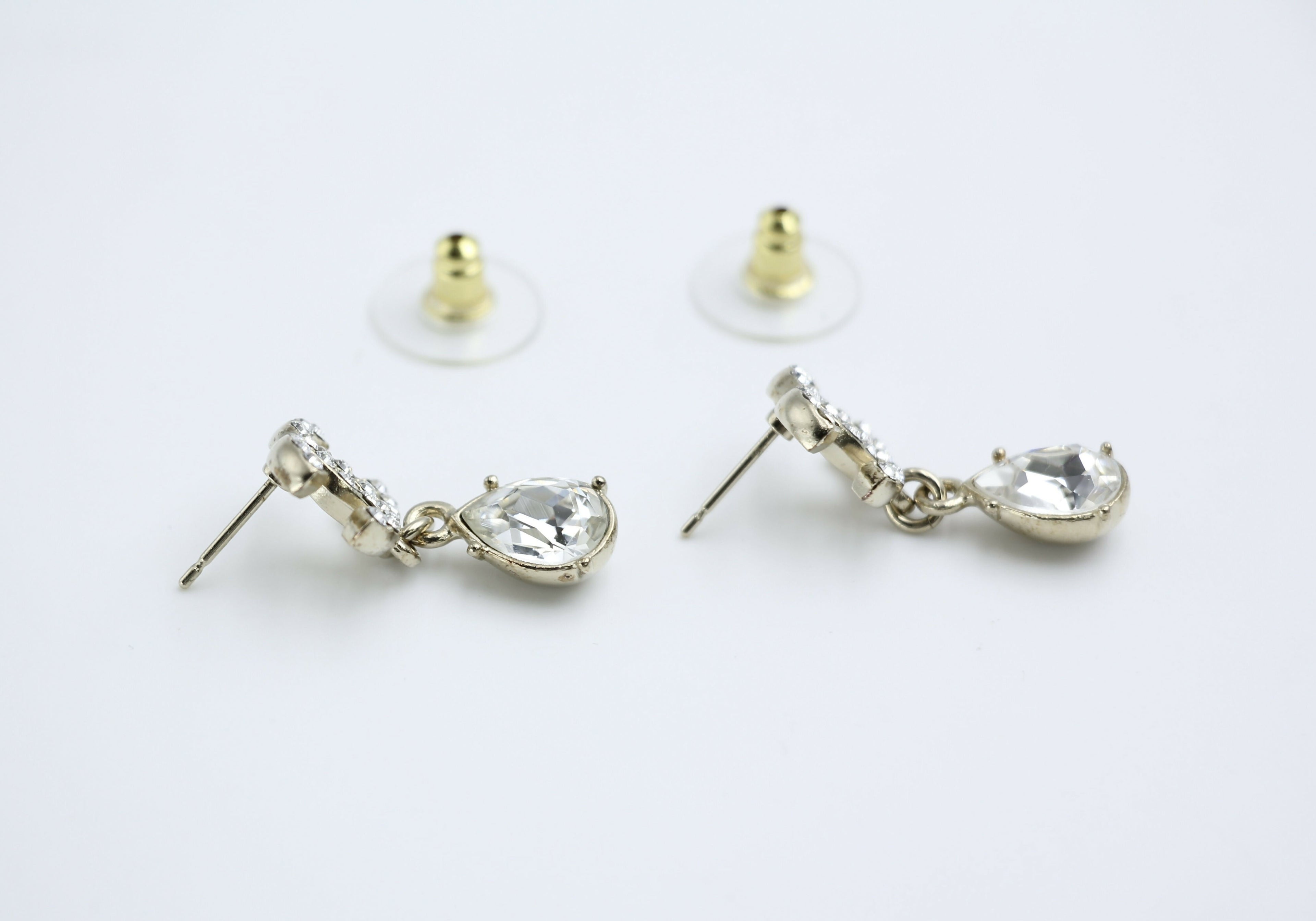 Chanel C19A Rhinestone CC Drop Dangle Stud Earrings