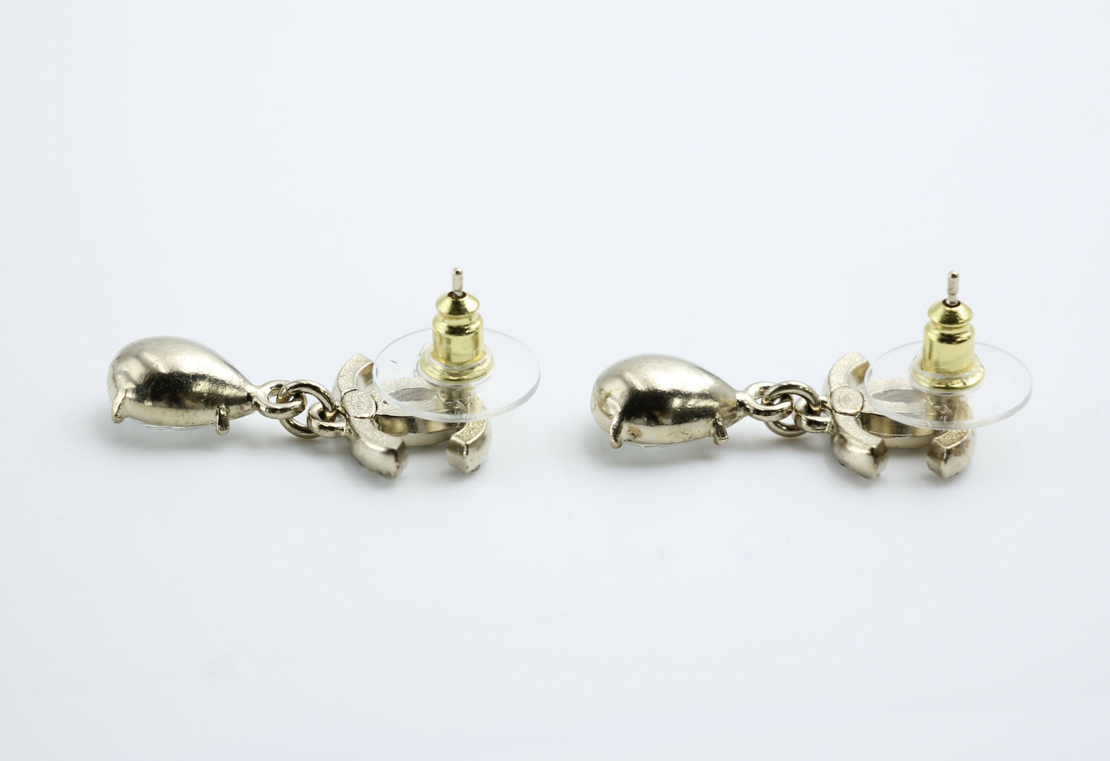 Chanel C19A Rhinestone CC Drop Dangle Stud Earrings