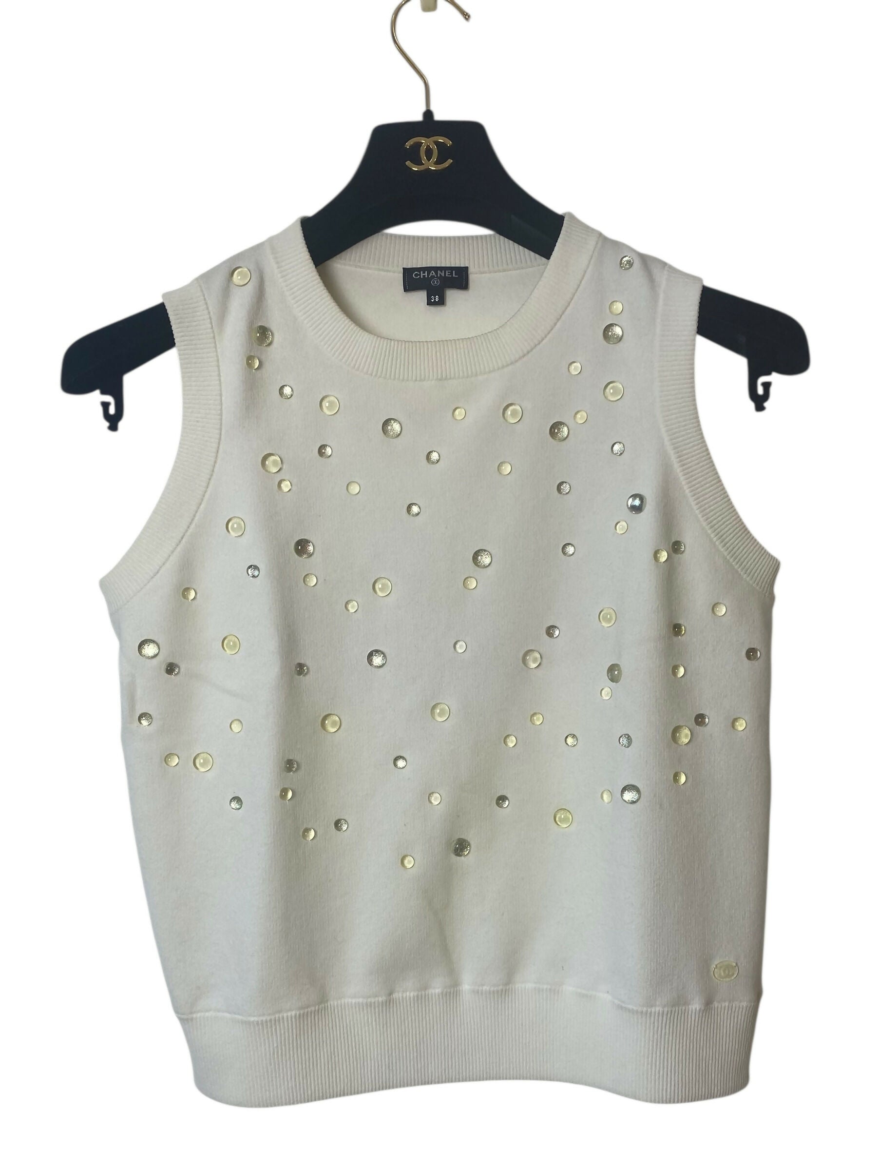 CHANEL 18P WATER DROP EMBELLISHED COTTON BLOUSE TOP FR 38