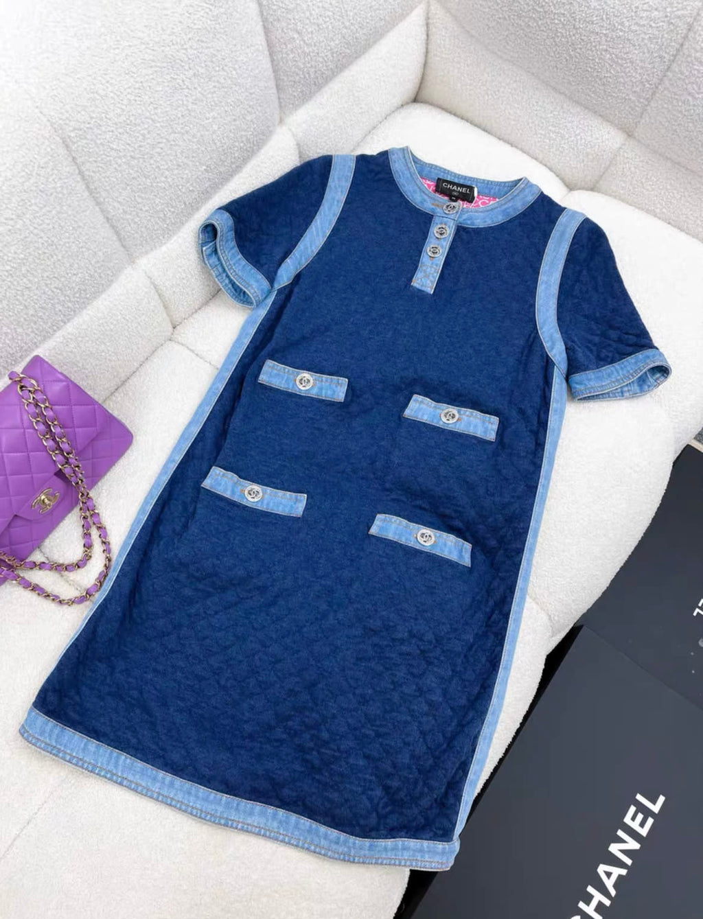Chanel diamond button blue denim dress