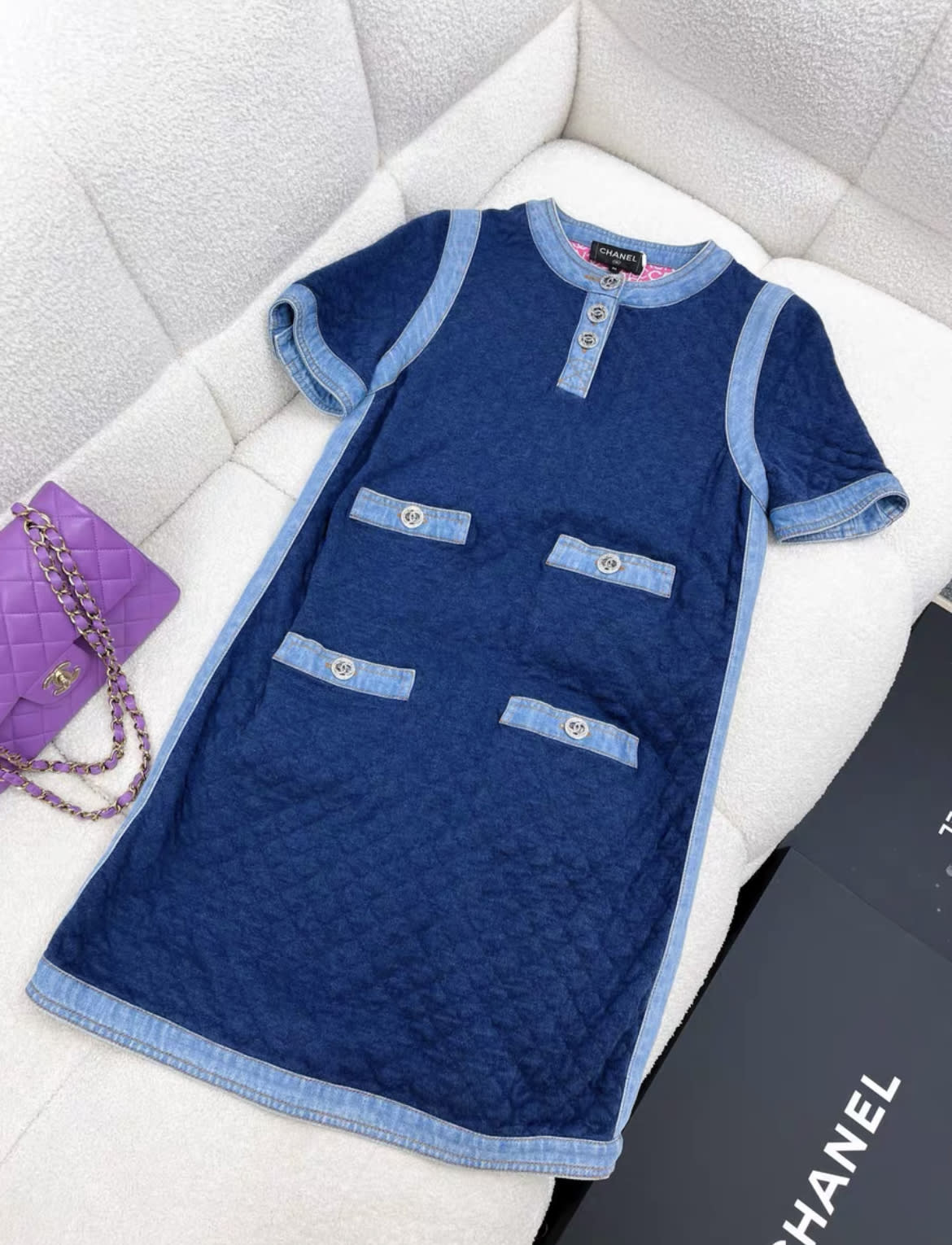 Chanel diamond button blue denim dress