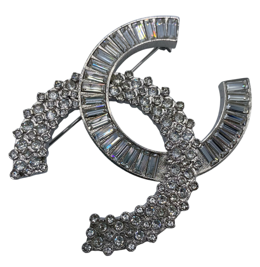 Chanel 2019 Large Silver Crystal Embellished CC Brooch