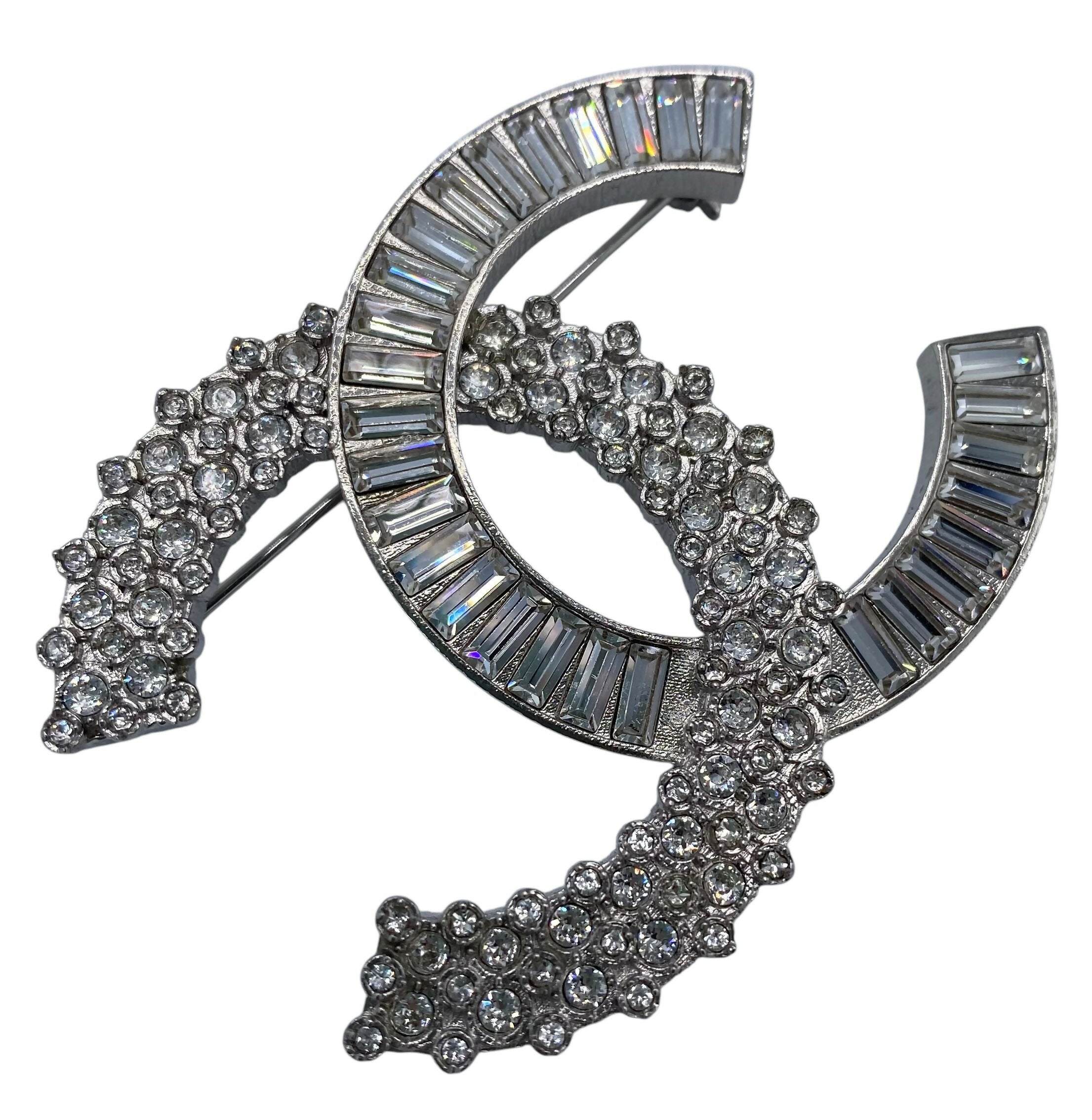Chanel 2019 Large Silver Crystal Embellished CC Brooch