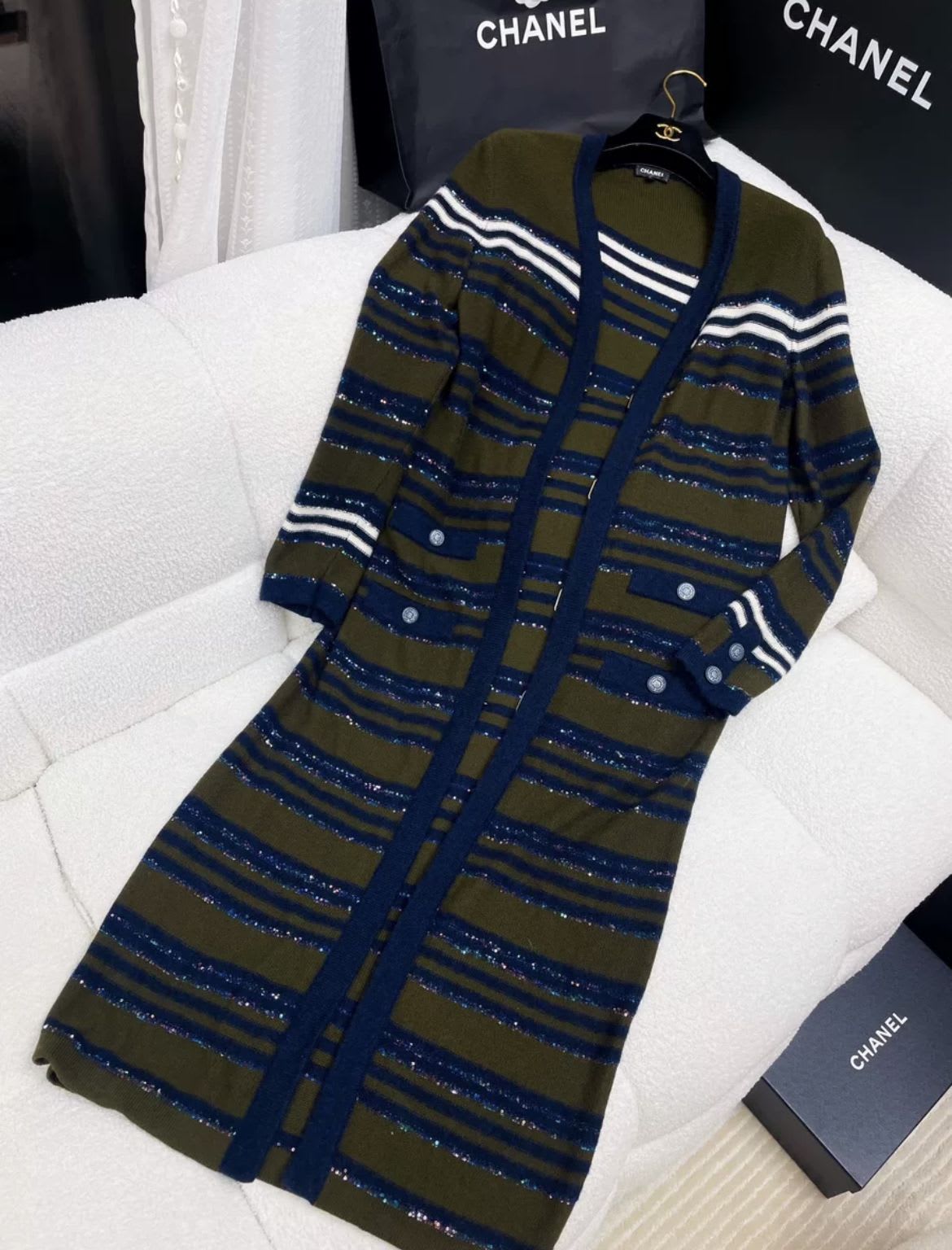 Chanel 20A dark green and blue knitted striped long igan