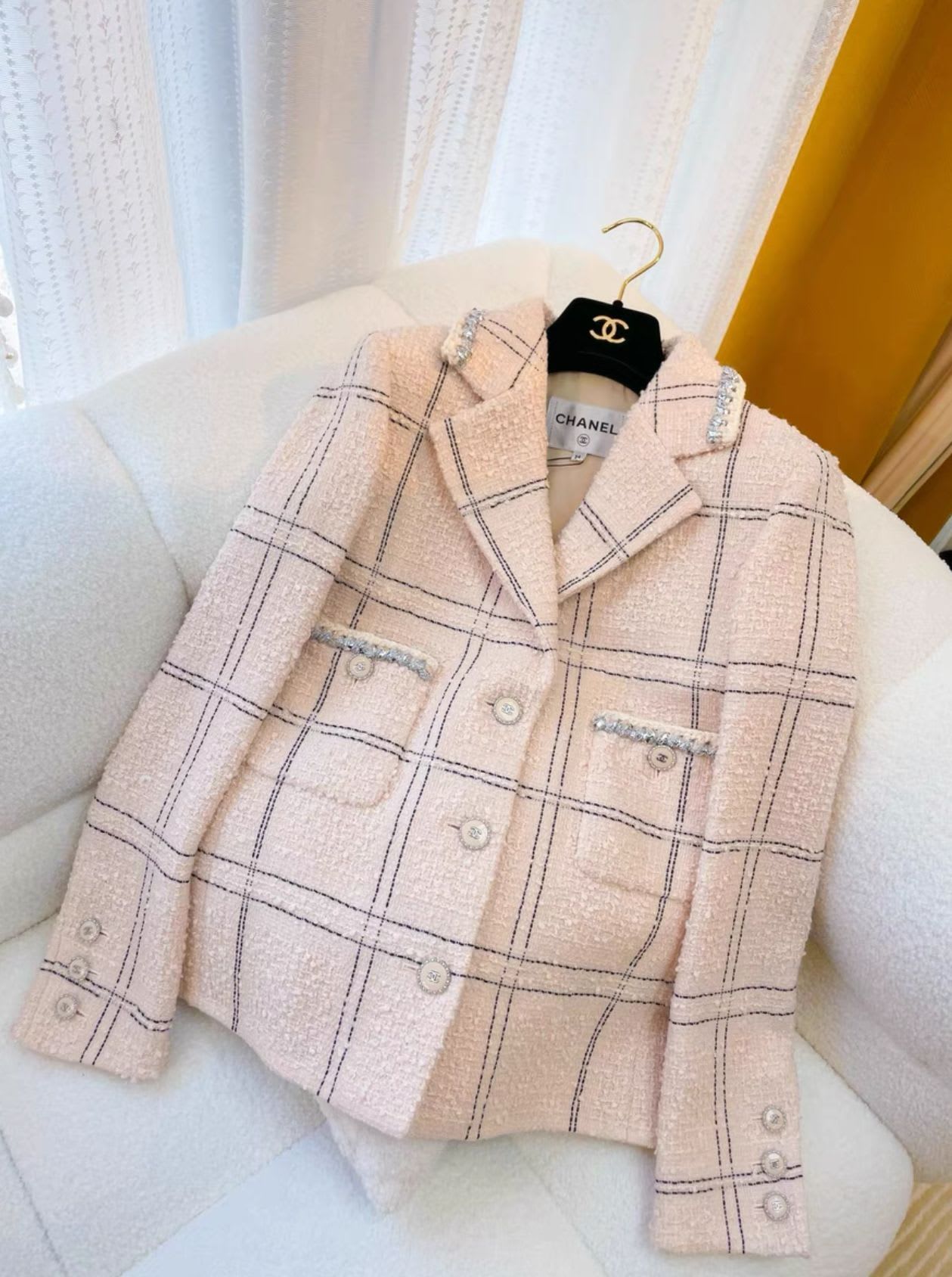 Chanel 21 nude pink silver plaid jacket