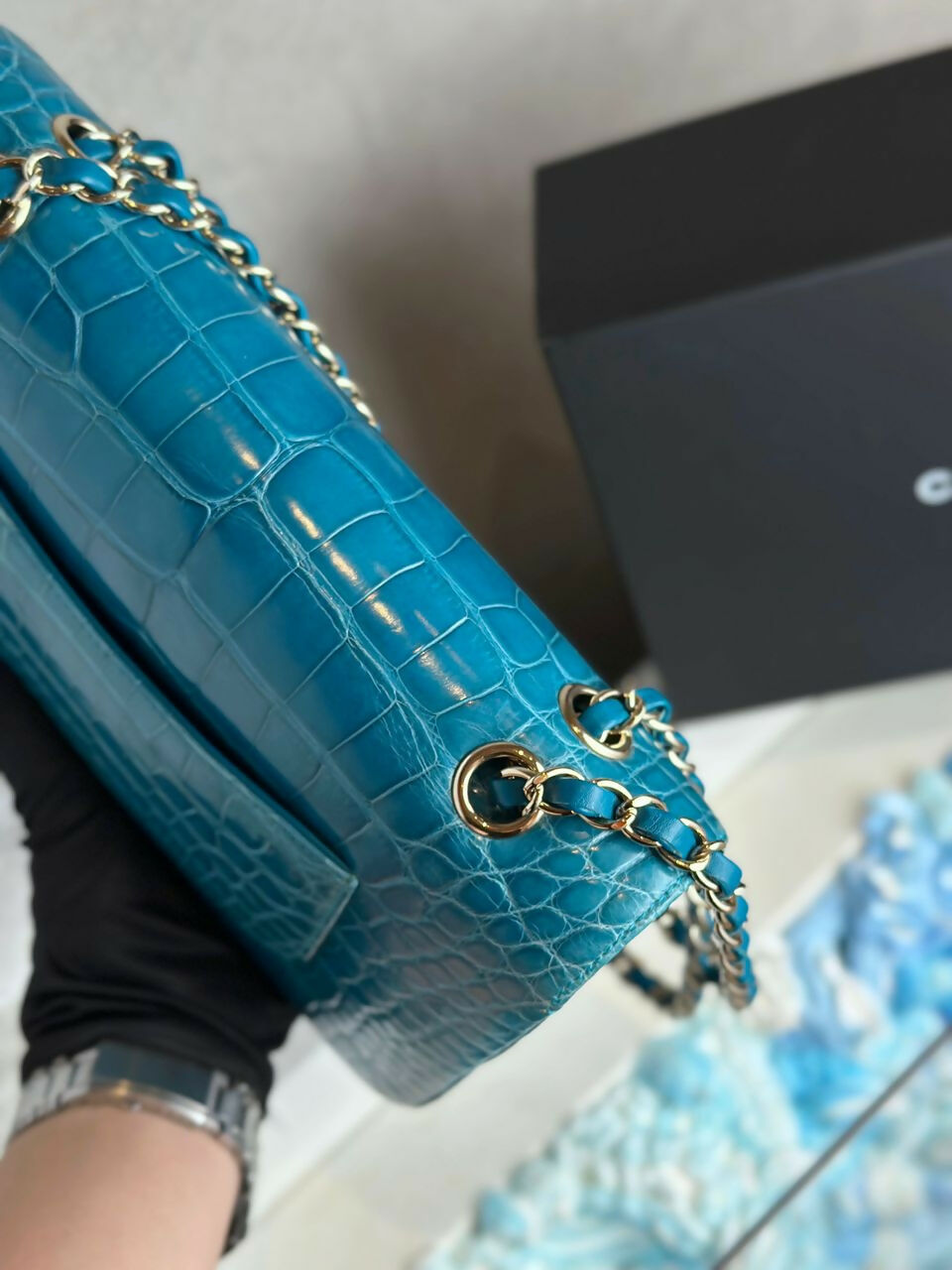 Chanel Vintage Medium Turquoise Crocodile Classic Flap Bag