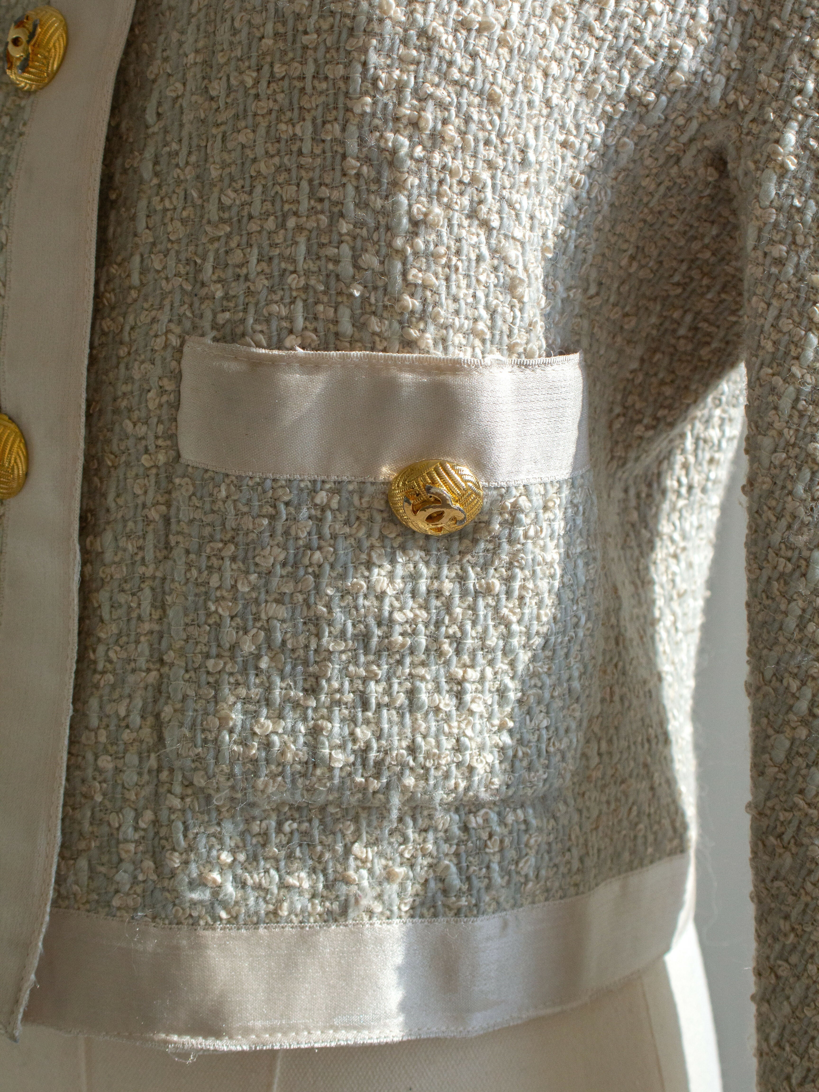Chanel Vintage S/S1990 Seafood Green Cream Satin Bow Tweed Cropped Jacket