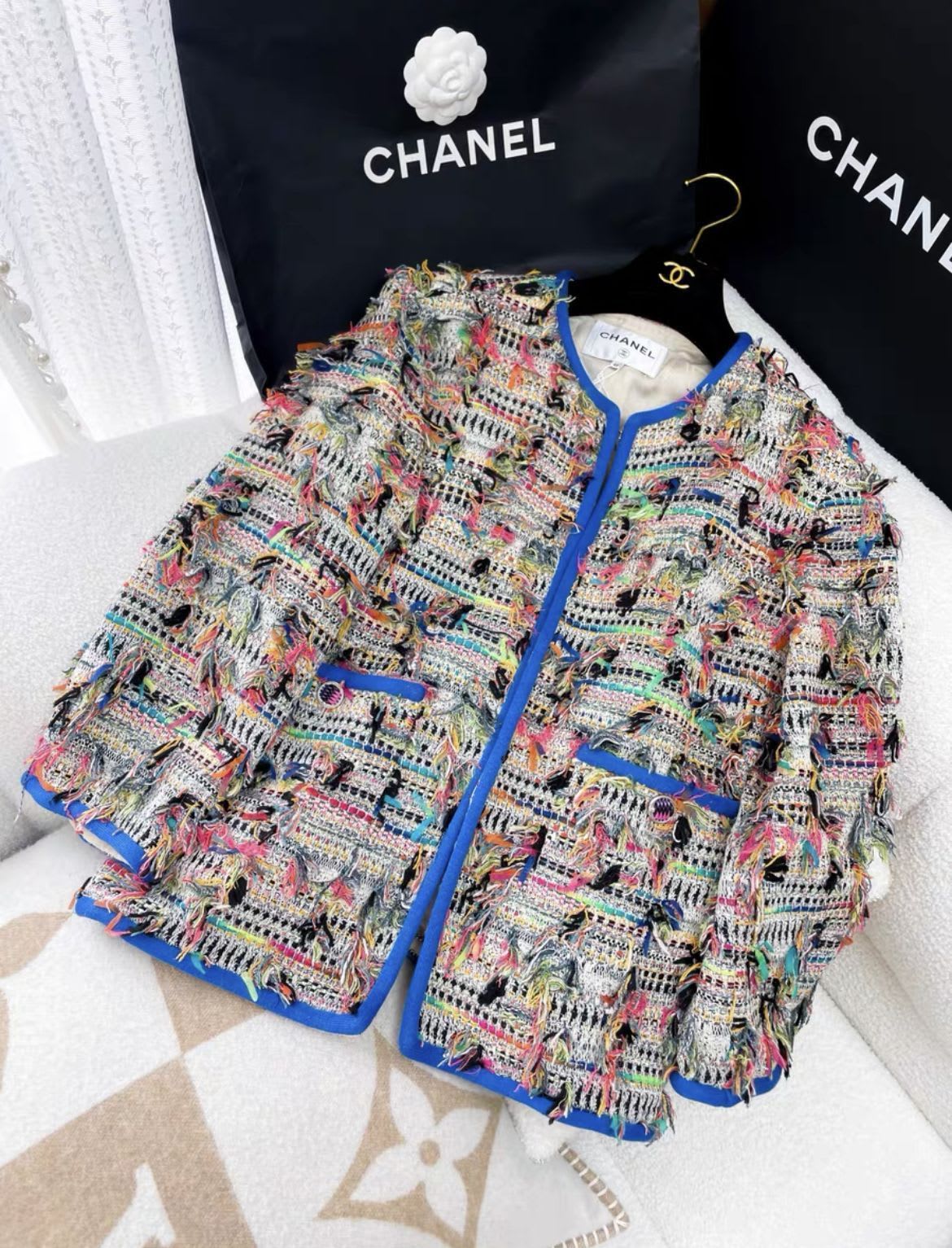 Chanel colourful furry blue piping jacket