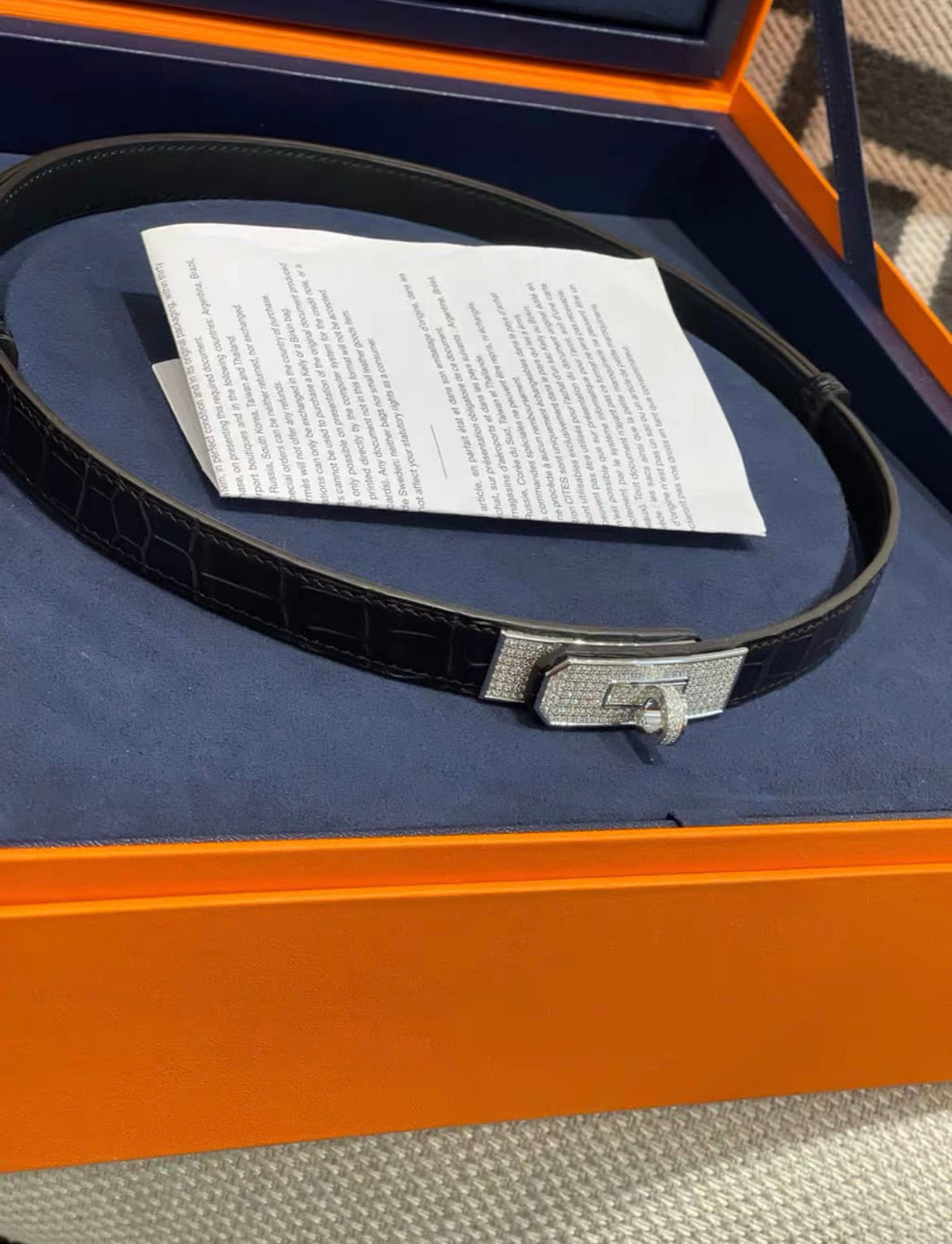 Hermes Platinum Diamond Matte Alligator Kelly Belt Black