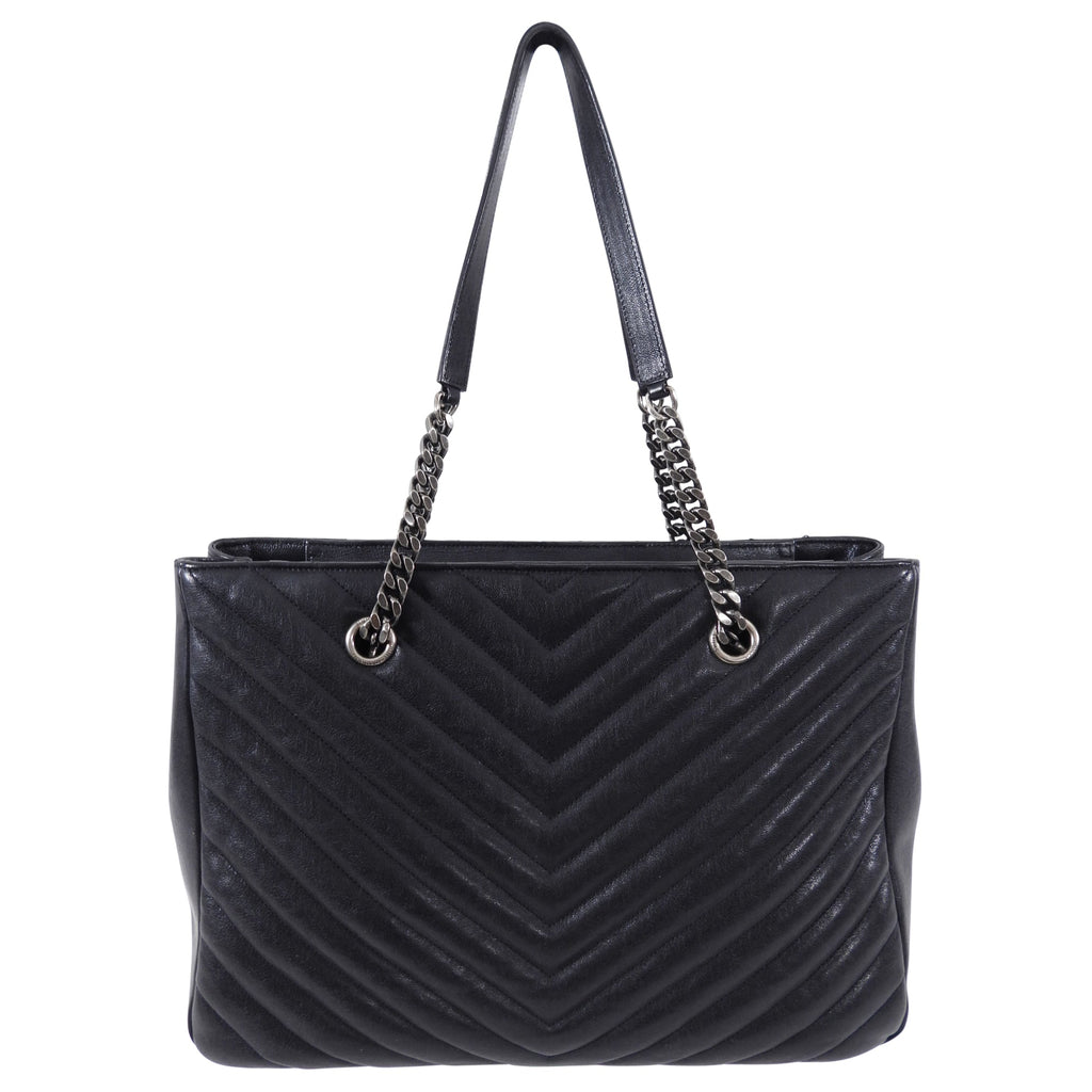 Saint Laurent Black Logo Chevron Quilted Chain Tote Bag