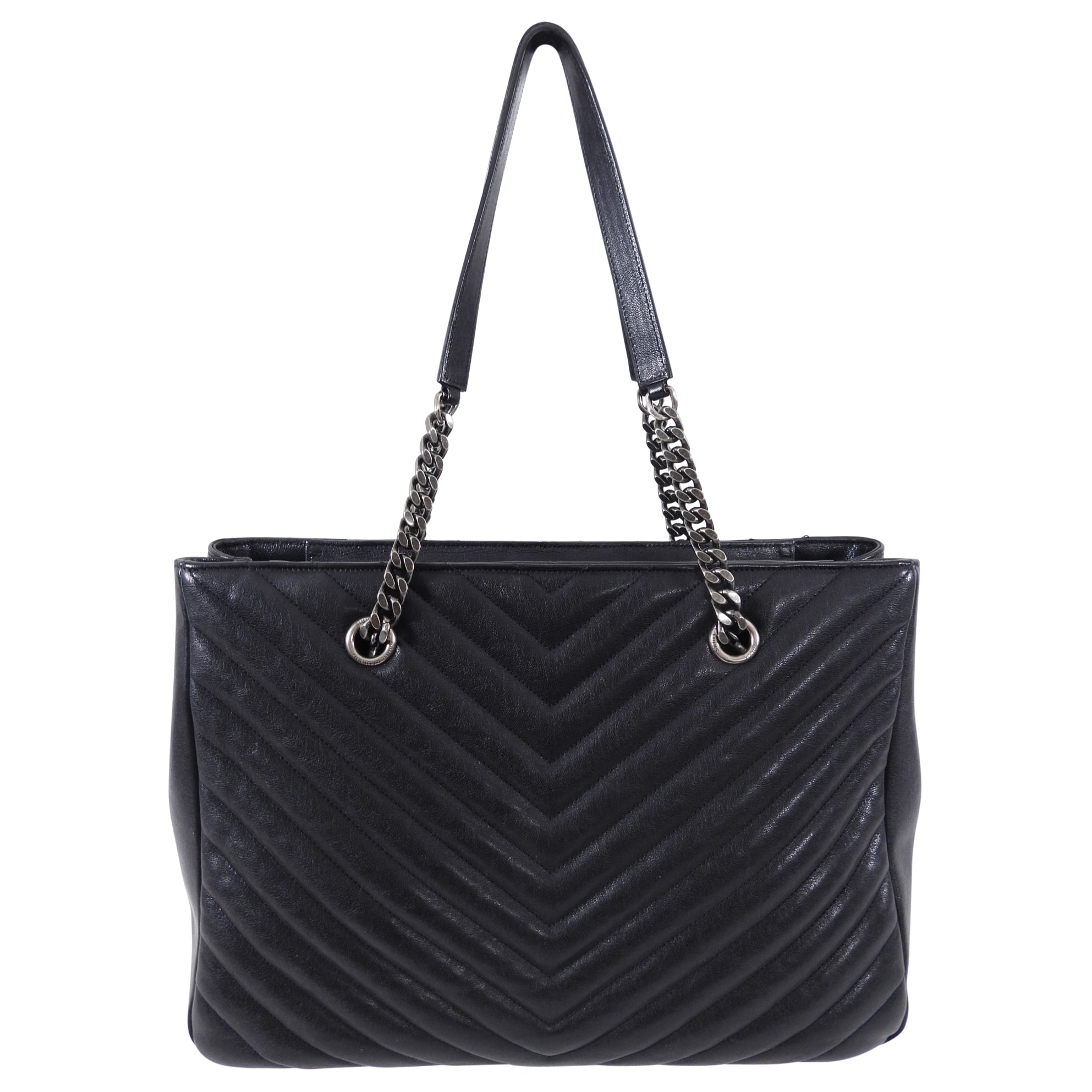 Saint Laurent Black Logo Chevron Quilted Chain Tote Bag