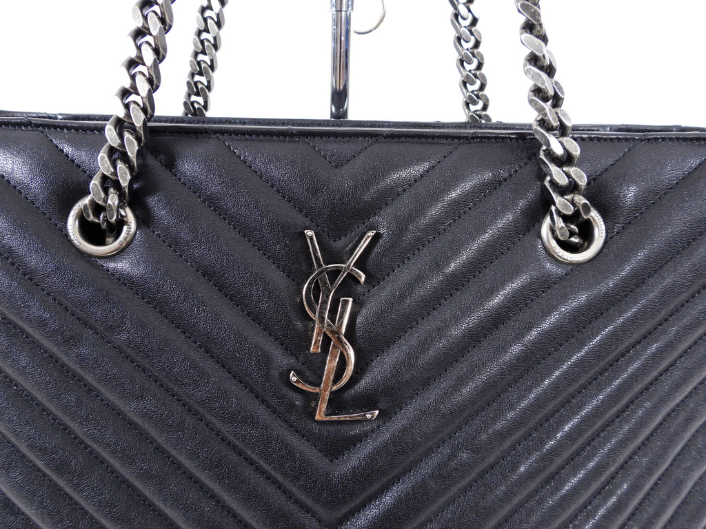 Saint Laurent Black Logo Chevron Quilted Chain Tote Bag