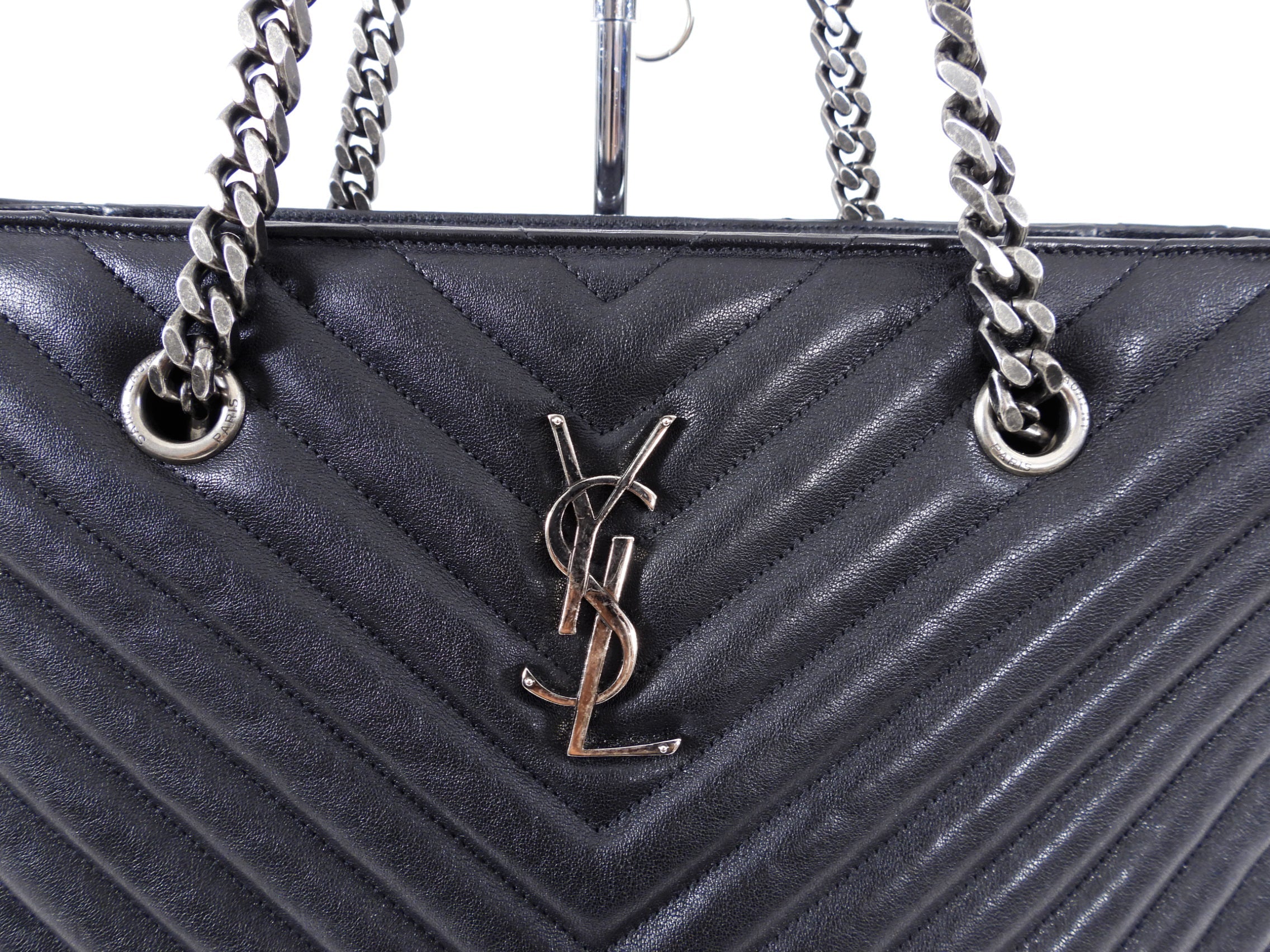 Saint Laurent Black Logo Chevron Quilted Chain Tote Bag