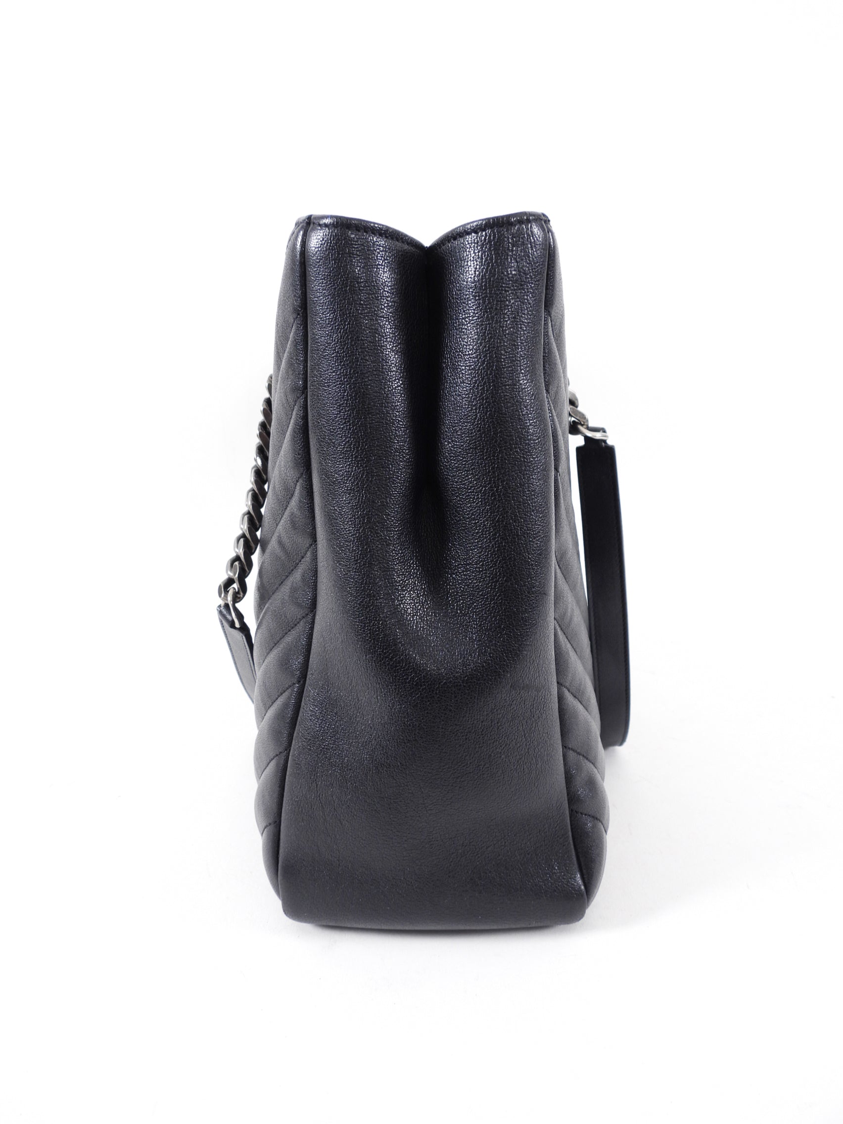 Saint Laurent Black Logo Chevron Quilted Chain Tote Bag