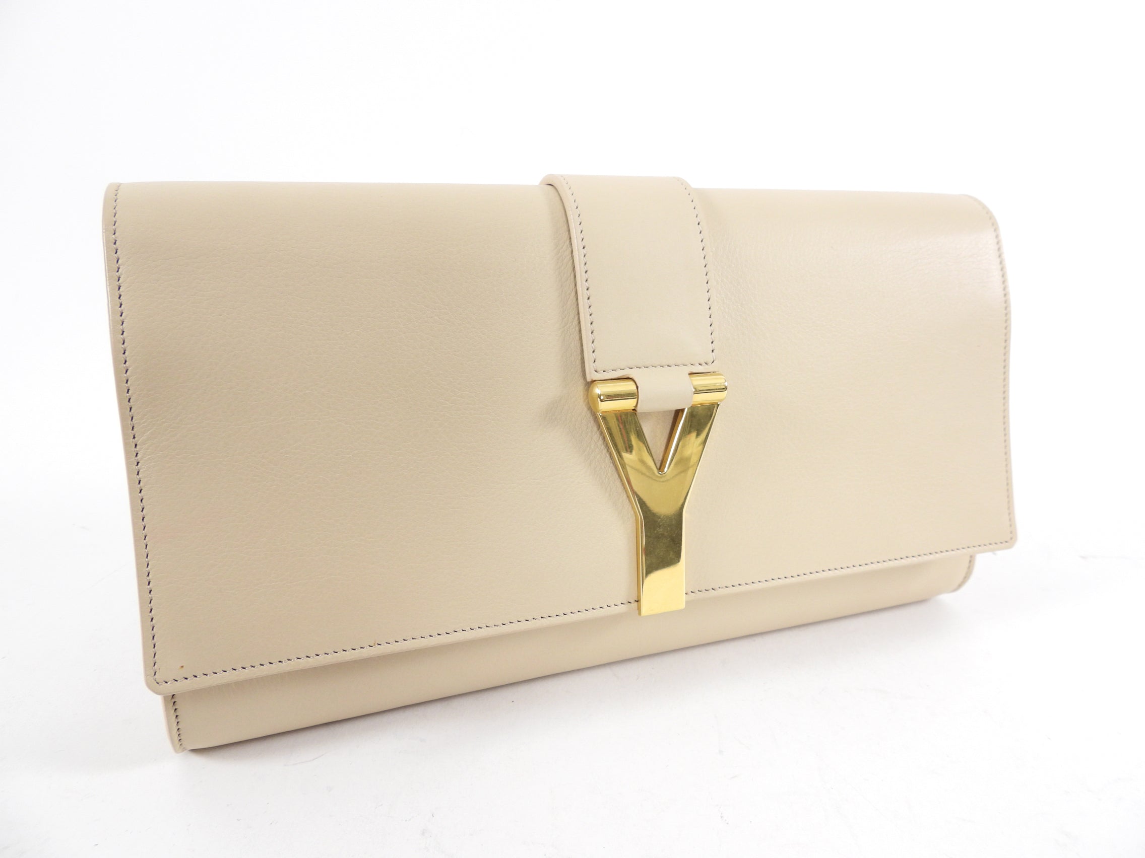 YSL Beige Leather Y Ligne Clutch Bag
