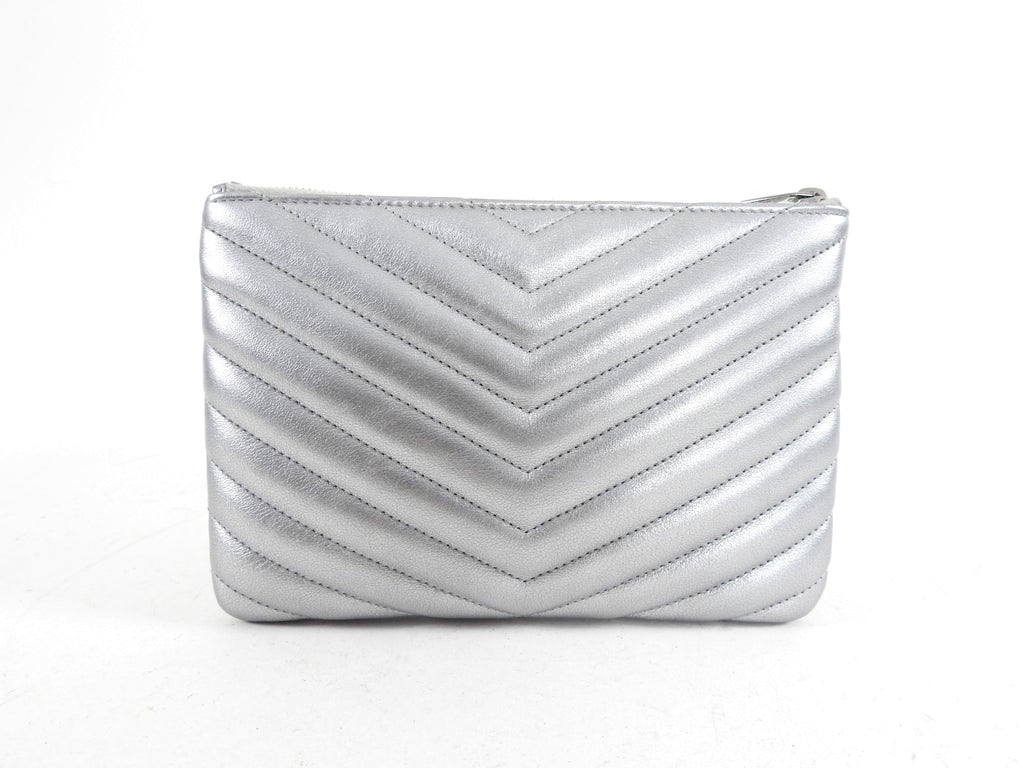 Saint Laurent Silver Metallic Leather Quilt Mini Pouch