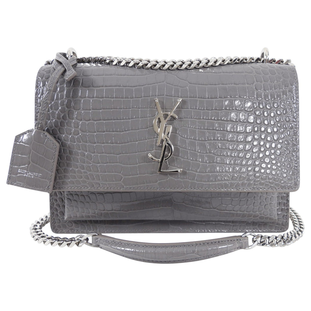 Saint Laurent Grey Croc Embossed Medium Sunset Bag