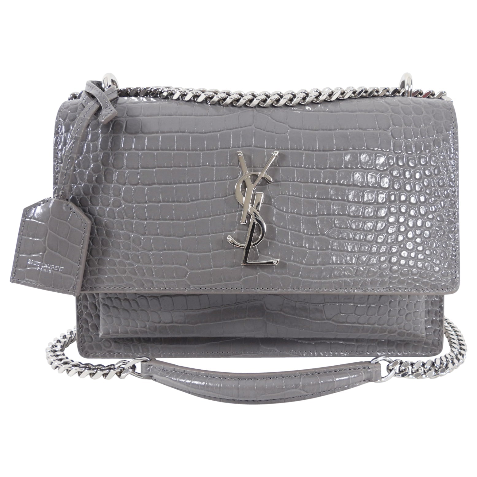 Saint Laurent Grey Croc Embossed Medium Sunset Bag