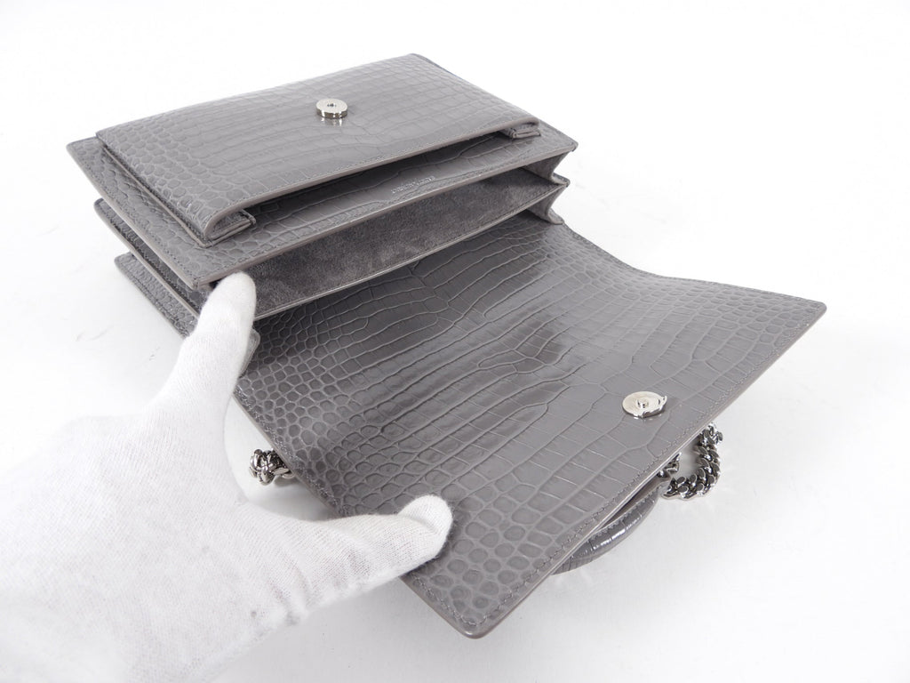 Saint Laurent Grey Croc Embossed Medium Sunset Bag