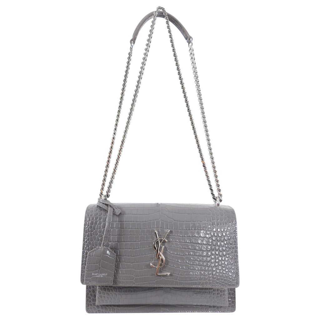 Saint Laurent Grey Croc Embossed Medium Sunset Bag