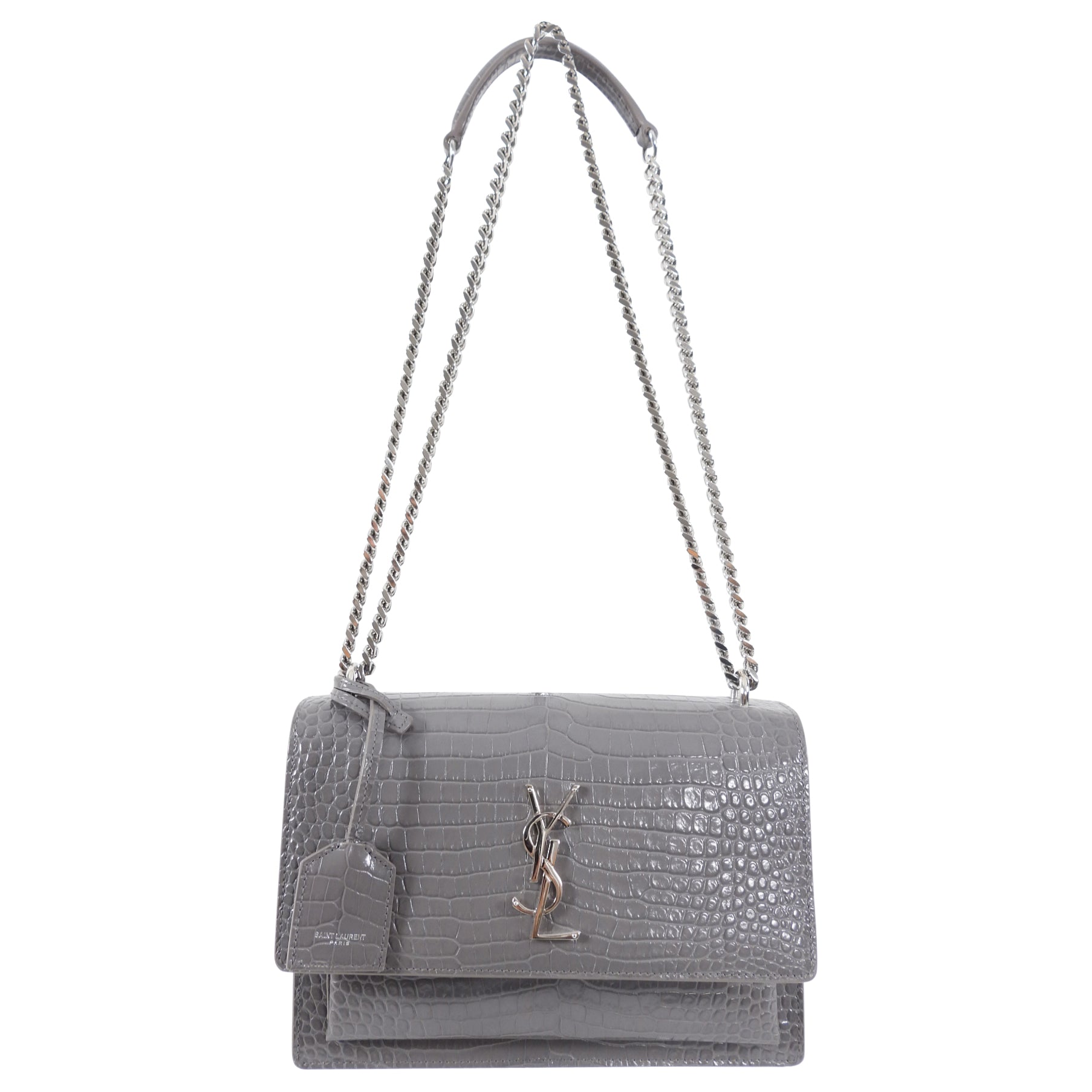 Saint Laurent Grey Croc Embossed Medium Sunset Bag