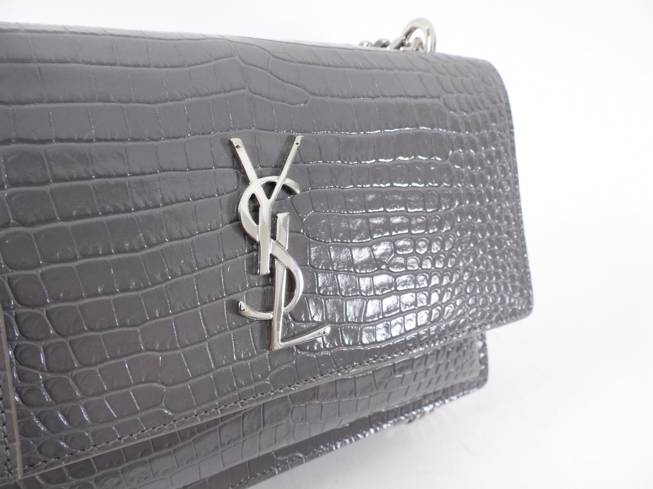 Saint Laurent Grey Croc Embossed Medium Sunset Bag