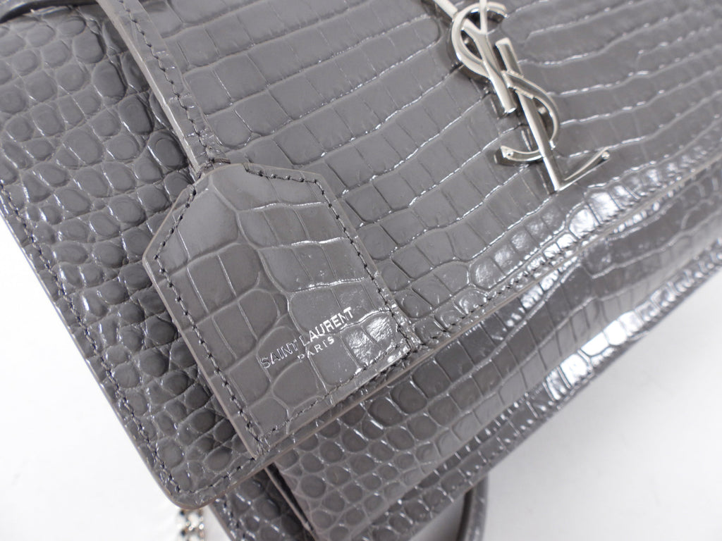 Saint Laurent Grey Croc Embossed Medium Sunset Bag