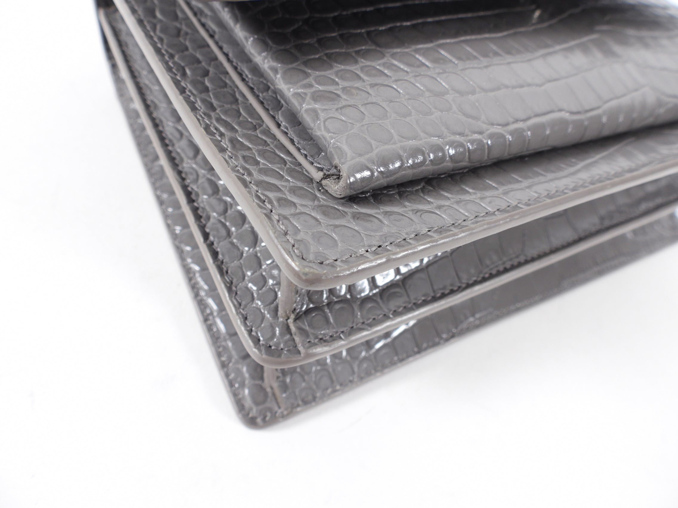 Saint Laurent Grey Croc Embossed Medium Sunset Bag