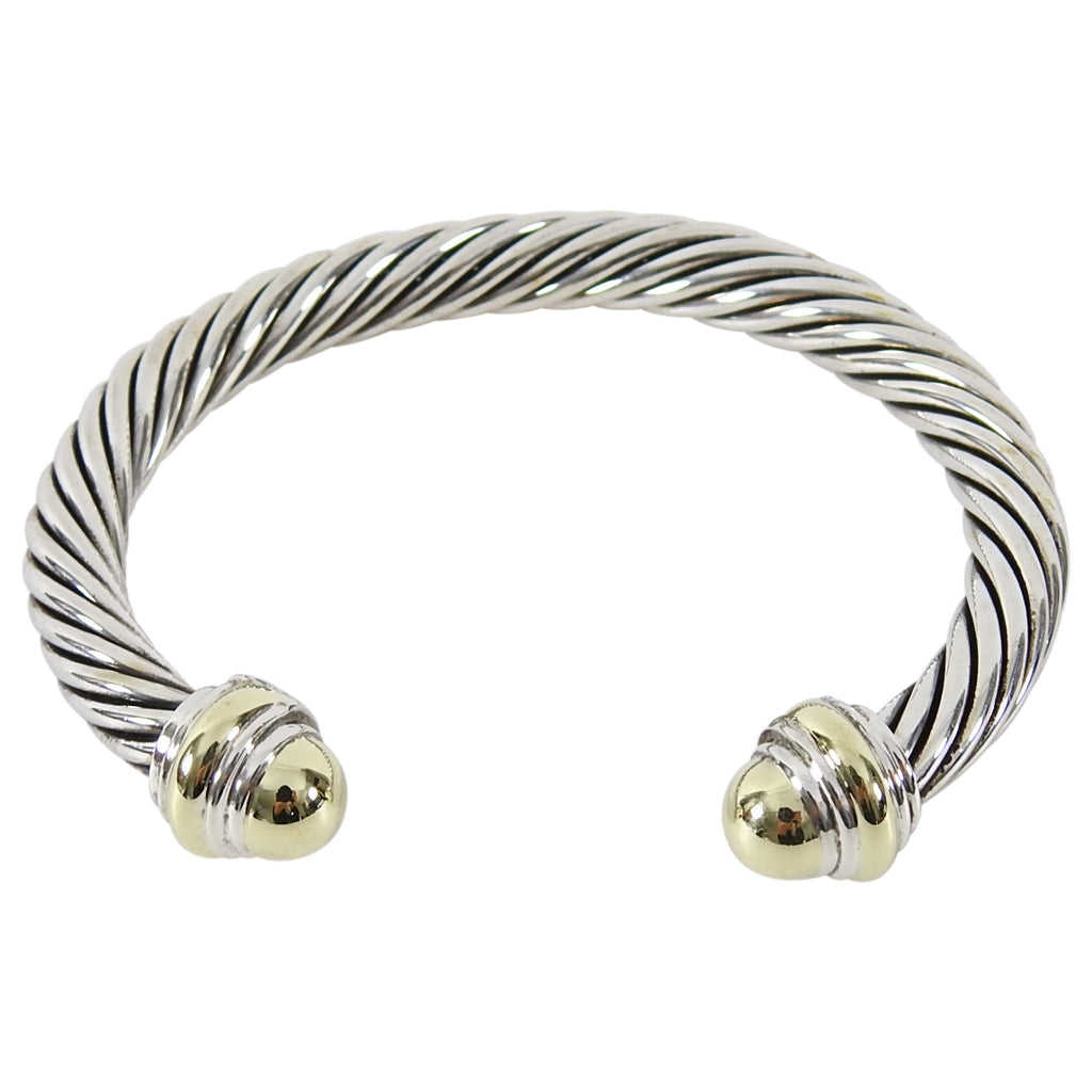 David Yurman Two Tone Classic Cable 7mm Sterling 14k Gold Cuff Bracelet