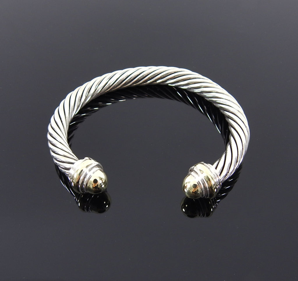 David Yurman Two Tone Classic Cable 7mm Sterling 14k Gold Cuff Bracelet