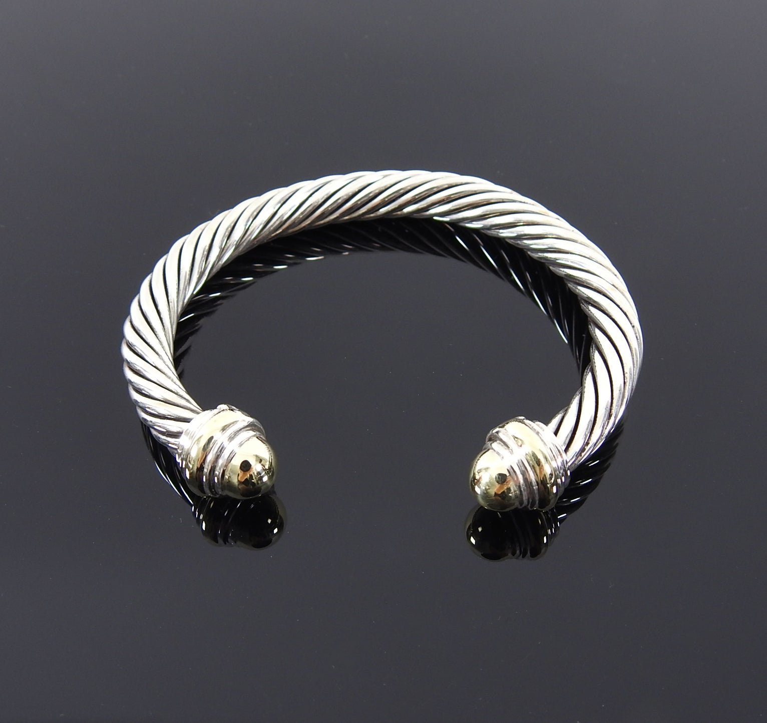 David Yurman Two Tone Classic Cable 7mm Sterling 14k Gold Cuff Bracelet