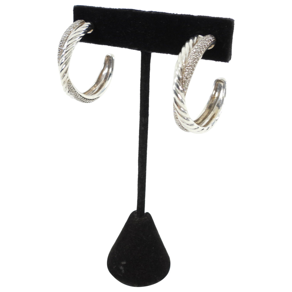 David Yurman Sterling Silver and Diamond Crossover Hoop Earrings
