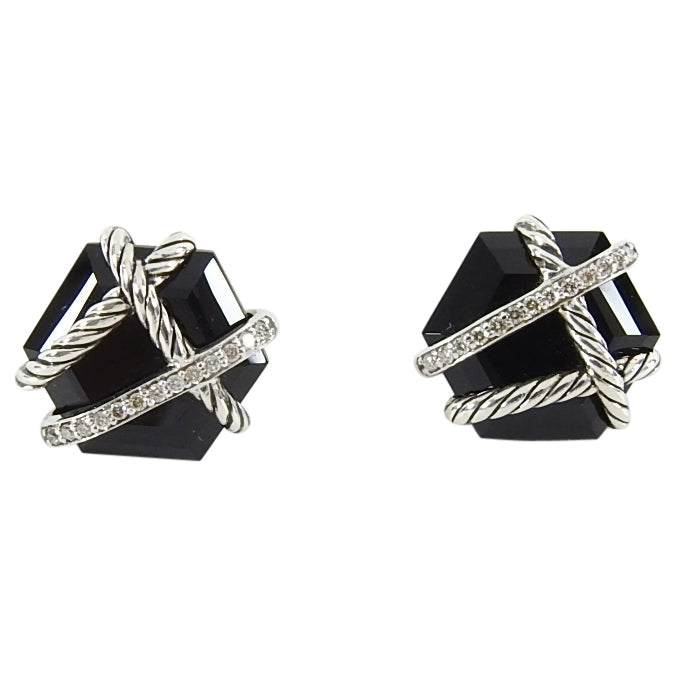 David Yurman Sterling Silver Onyx Diamond Cable Wrap Earrings