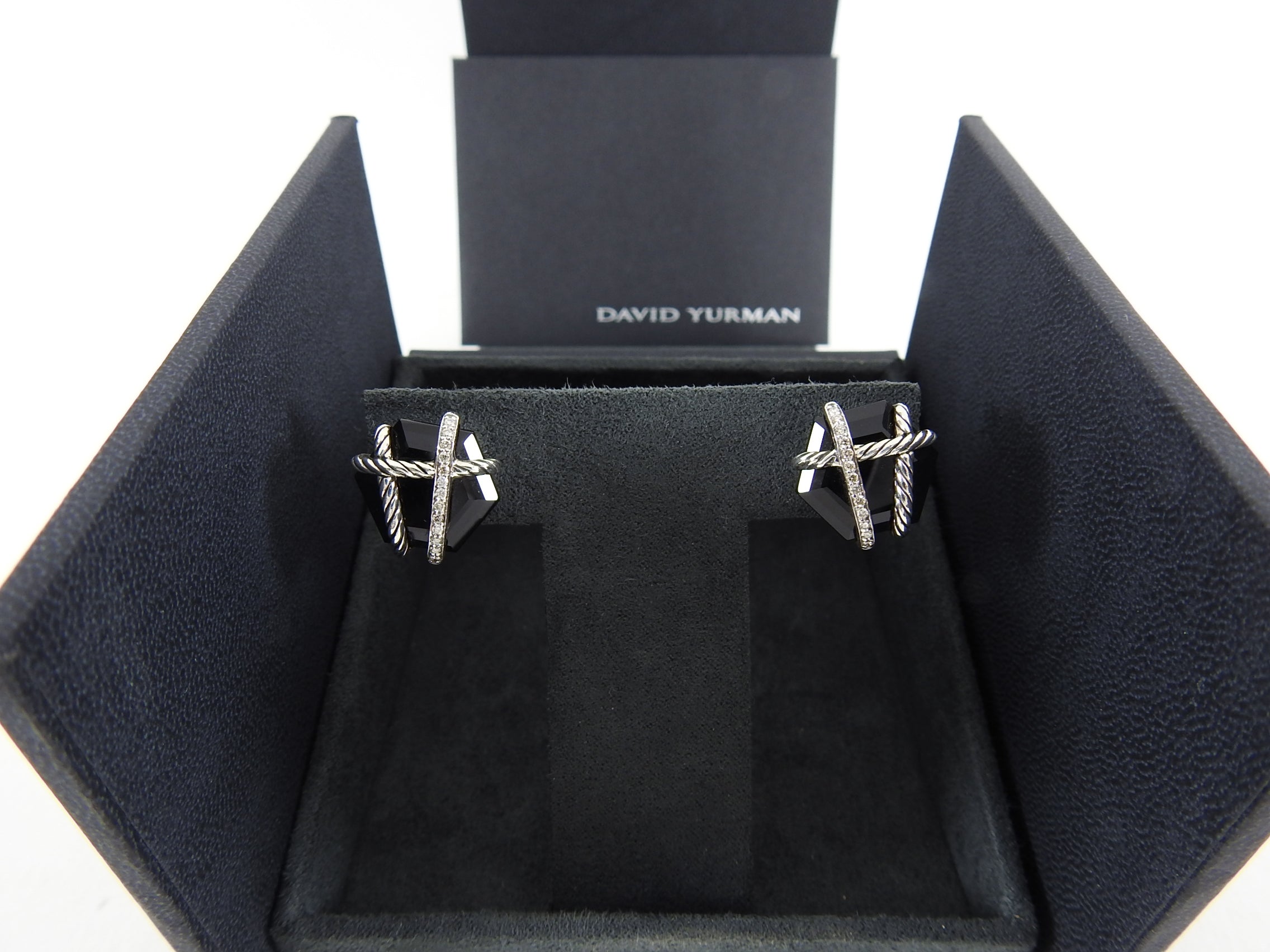 David Yurman Sterling Silver Onyx Diamond Cable Wrap Earrings