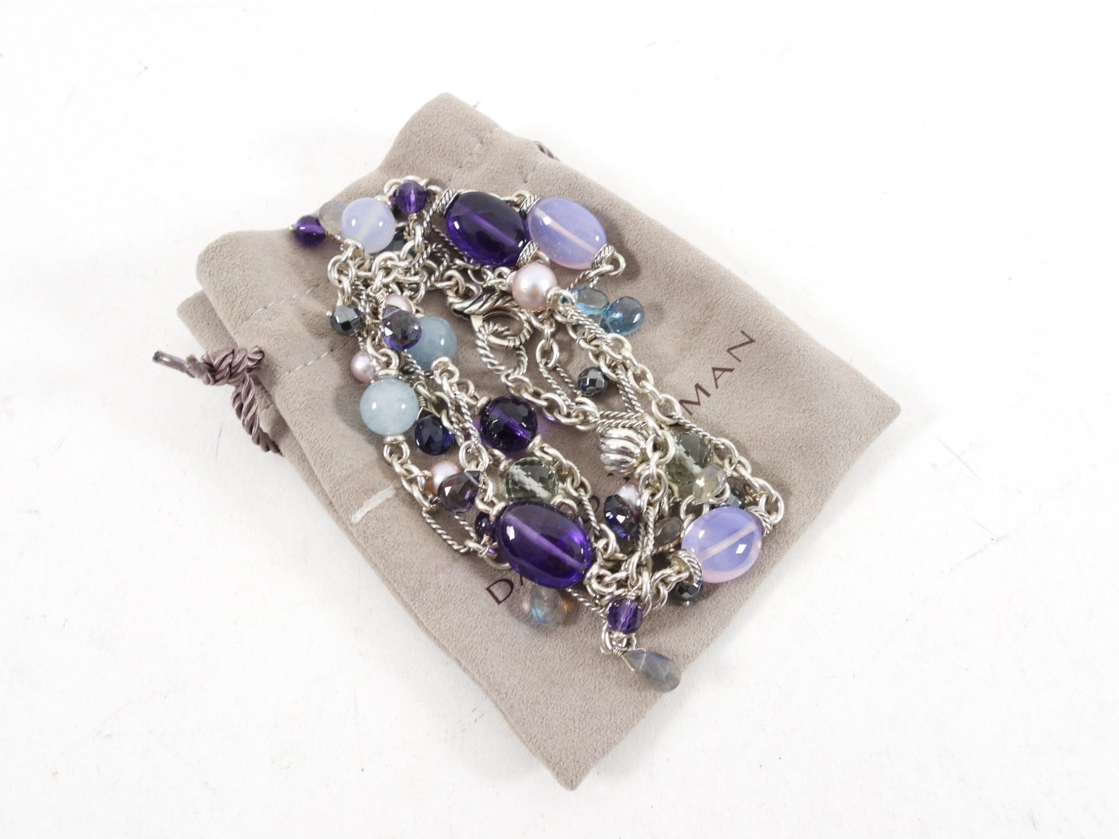 David Yurman Sterling Silver Multi Gemstone Bead Long Necklace