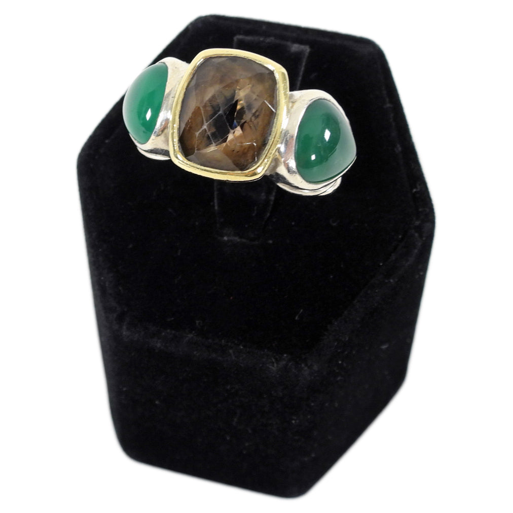 David Yurman Sterling / 18k Gold Green Onyx and Smoky Quartz Ring - 6