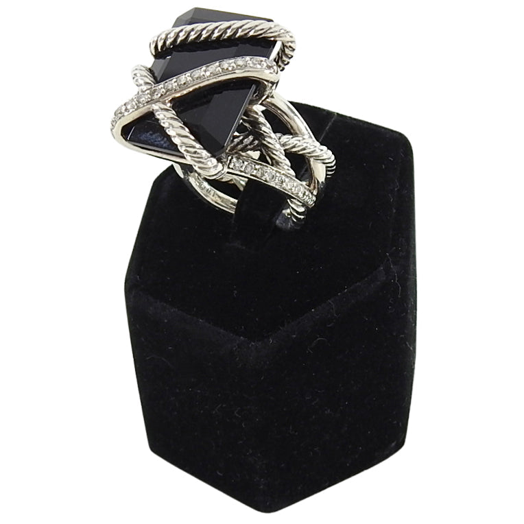 David Yurman Sterling Silver Onyx Diamond Cable Wrap Ring - 6.75