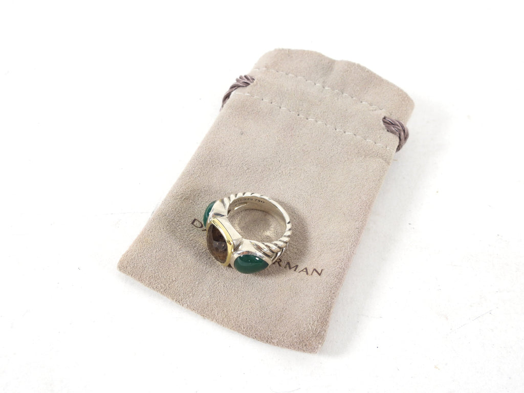 David Yurman Sterling / 18k Gold Green Onyx and Smoky Quartz Ring - 6