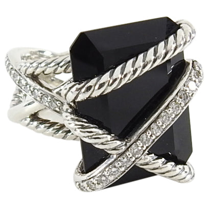 David Yurman Sterling Silver Onyx Diamond Cable Wrap Ring - 6.75
