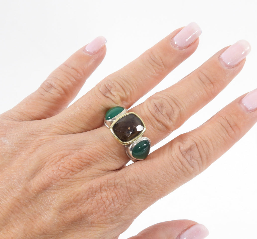 David Yurman Sterling / 18k Gold Green Onyx and Smoky Quartz Ring - 6