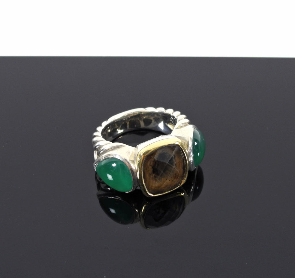 David Yurman Sterling / 18k Gold Green Onyx and Smoky Quartz Ring - 6