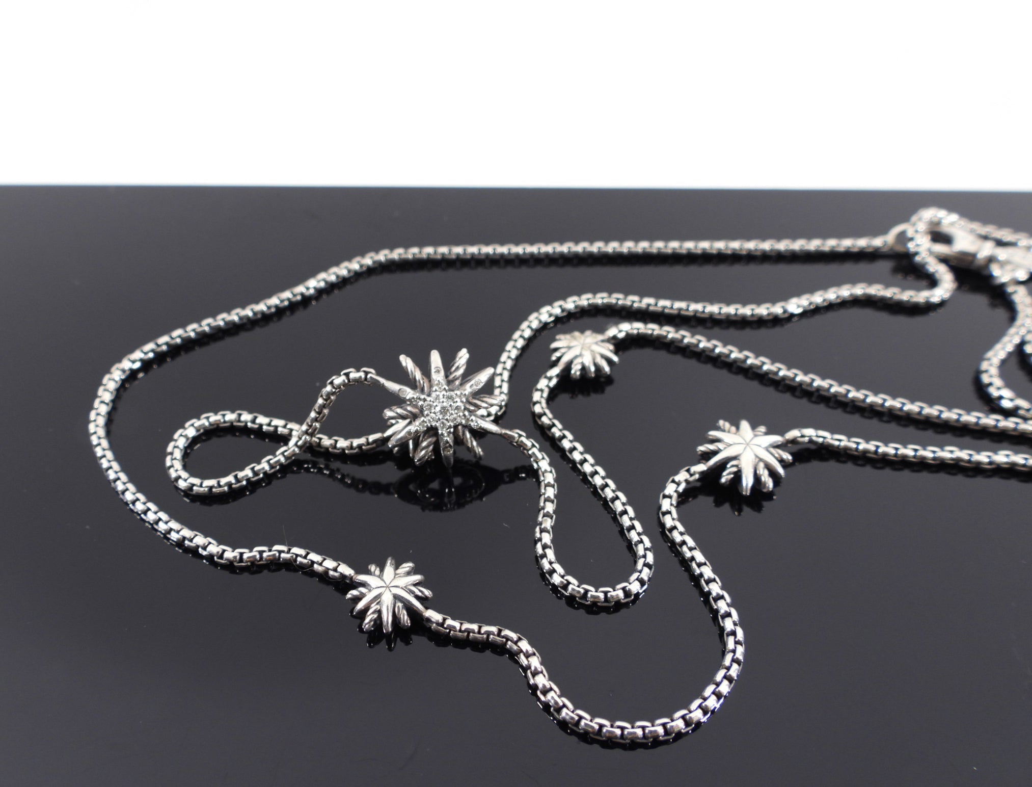 David Yurman Sterling Silver Starburst Diamond Station Long Necklace
