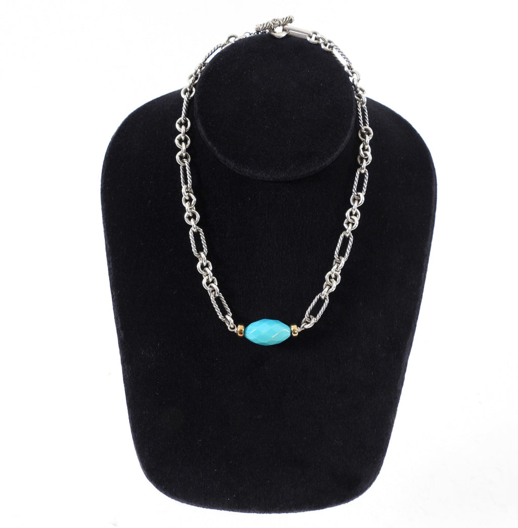 David Yurman Sterling Silver 18k Turquoise Figaro Chain Necklace