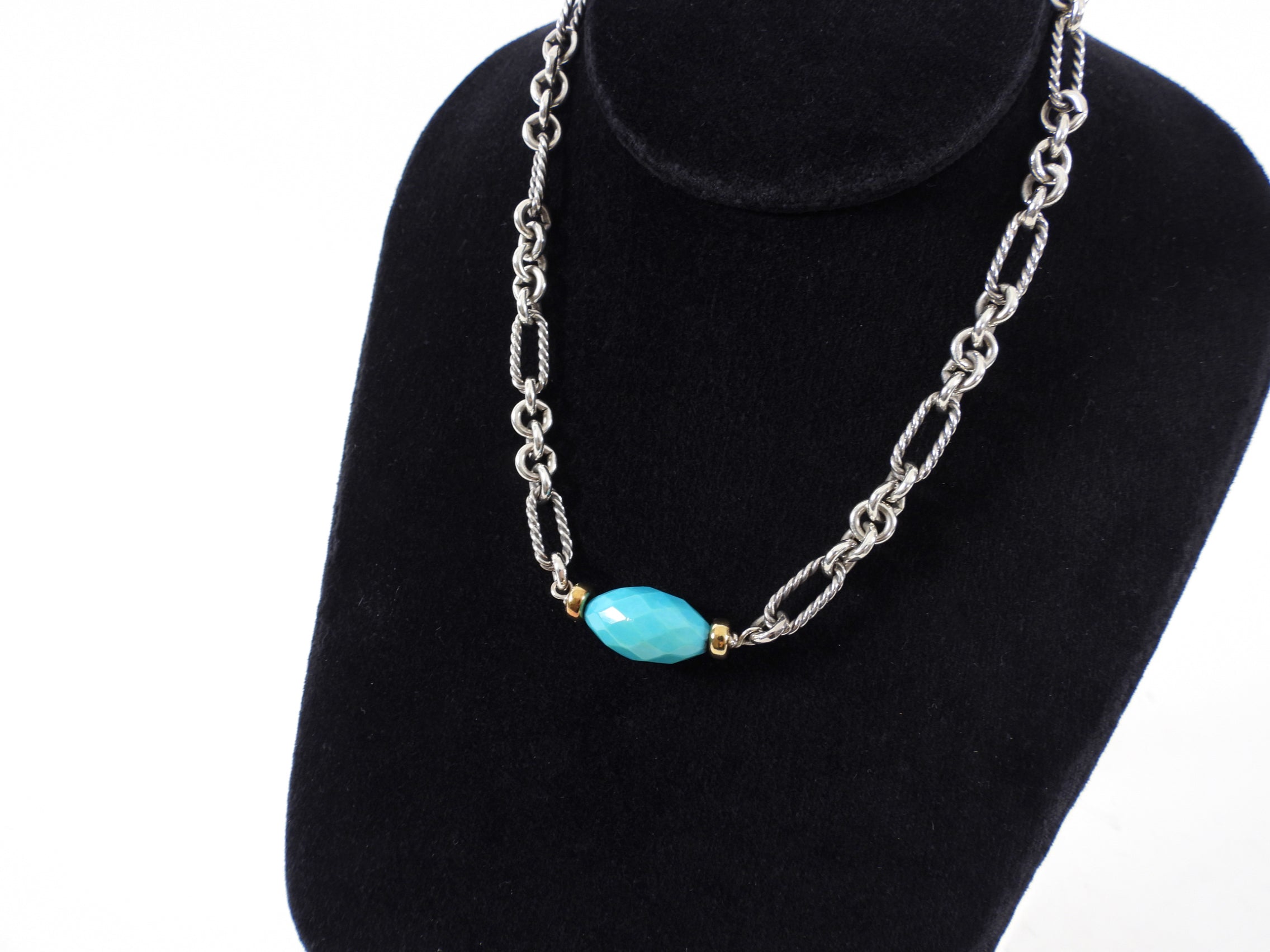 David Yurman Sterling Silver 18k Turquoise Figaro Chain Necklace
