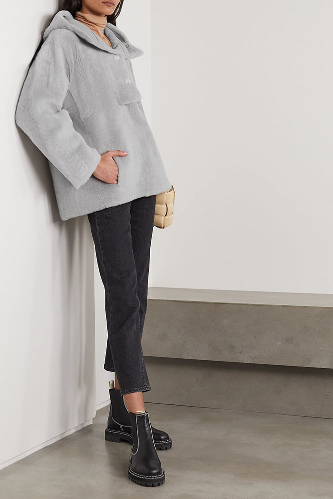 Yves Salomon Grey Shearling Hooded Lacon Jacket - XS/S