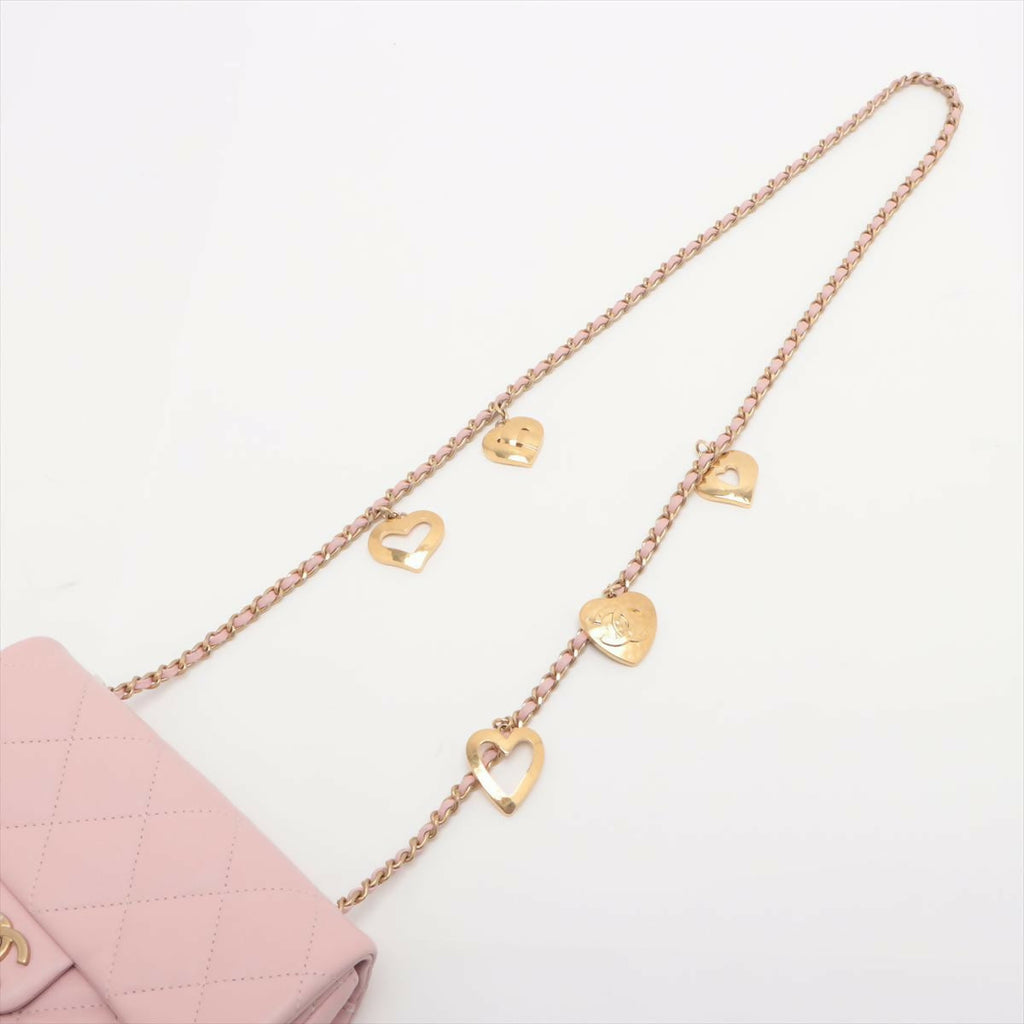 Chanel Pink Mini Matelasse Lambskin Single Leather Chain Heart Charm Flap Bag with Gold Hardware