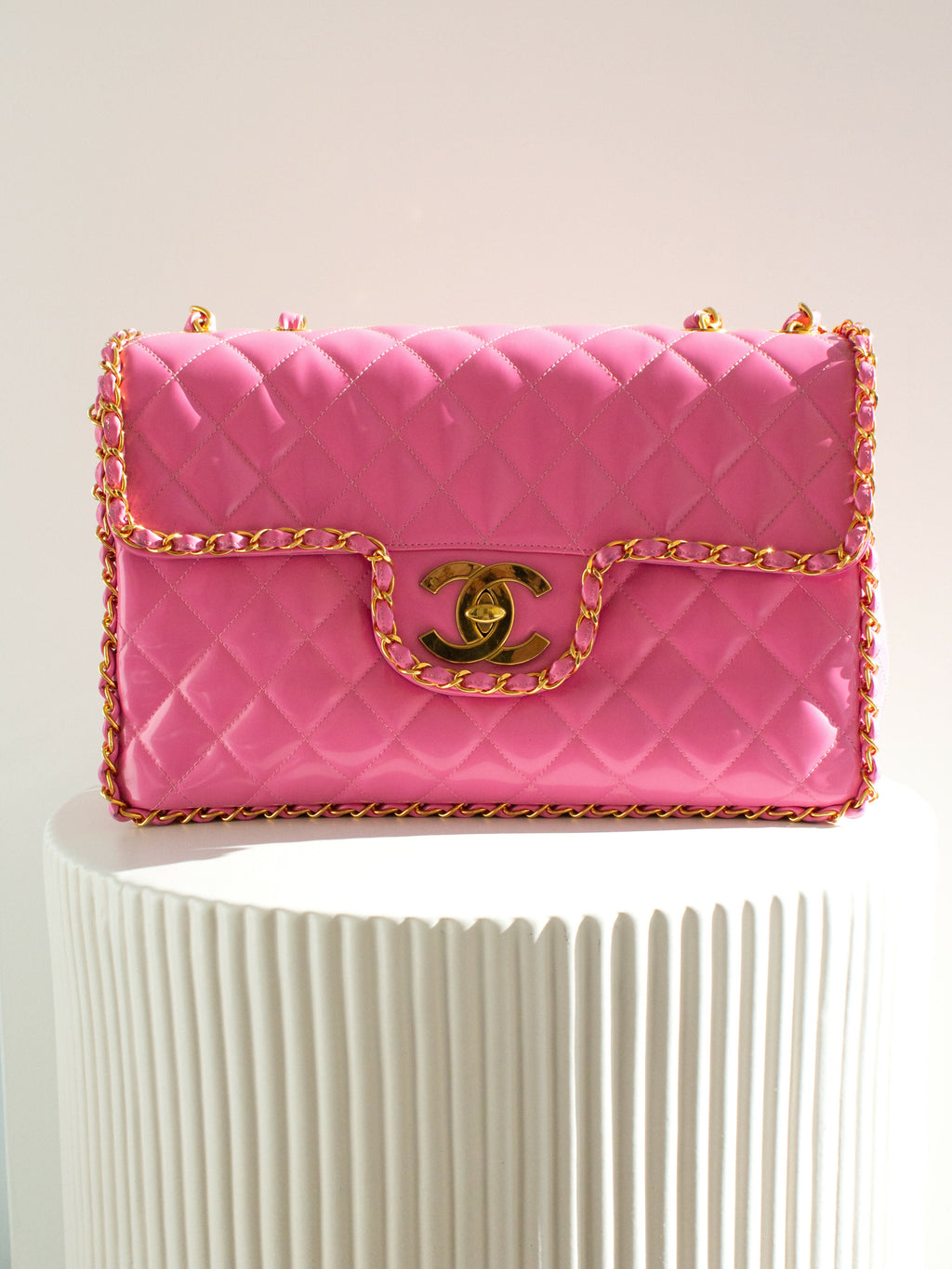 Chanel Vintage S/S1995 Barbie Pink 24K Gold Chain Around Patent Lambskin Jumbo XL 95P Bag
