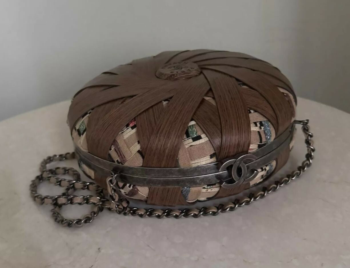 Chanel “Havana By Night” Round Woven Wood and Tweed Minaudière